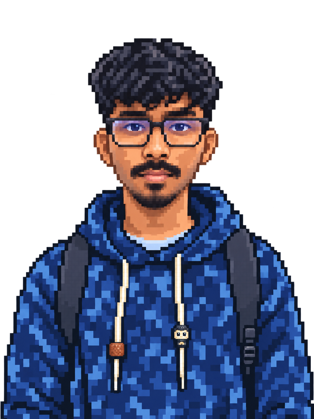 Pixel-art portrait of Rahul wearing glasses and a blue hoodie
